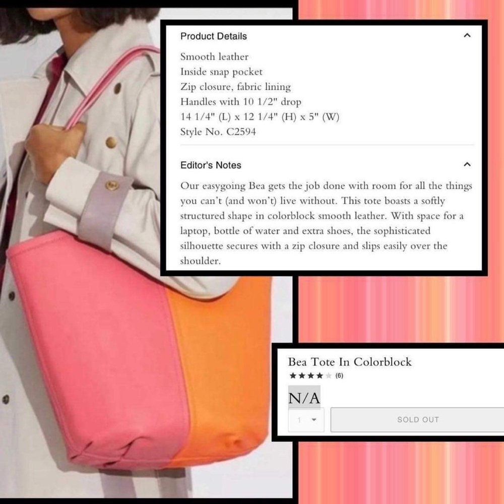 ❤️SOLD❤️NWT Coach Bea Tote in Colorblock Taffy, Orange, Multi C2594 - Picture 2 of 10